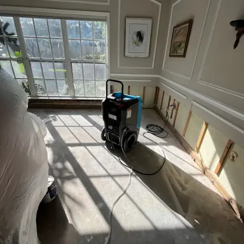 Dehumidifier drying a room with baseboards removed in a Lutz, FL home