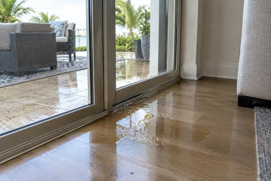 Water across the floor inside a sliding glass door that opens onto a pool deck and lanai