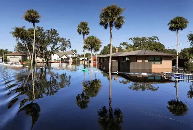 Flood water around homes and palms after a tropical storm in the Tampa Bay area
